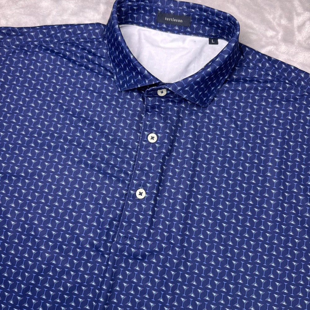 Turtleson‎ Mens Navy Martini Glass Print Performance Golf Polo Shirt Size L